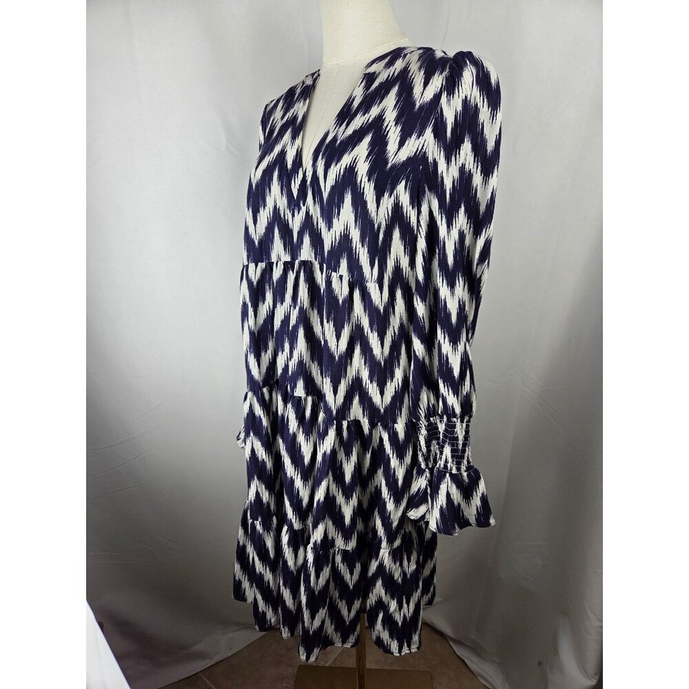 Pomander Place Navy Ikat Kenzo Mini Dress Medium Empire Waist Swing Boho Preppy - Picture 5 of 11